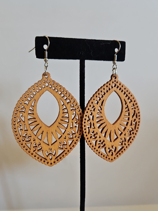 Fashion Jewelry Jewelry - Wooden Laser-Cut Teardrop Earrings - Light Brown Pierced Boho Festival